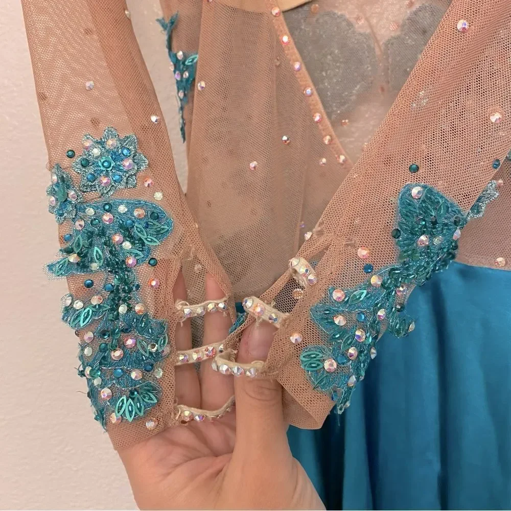 Custom Solo Dance Costume Teal Blue Lyrical Competition nude illusion SA adult
